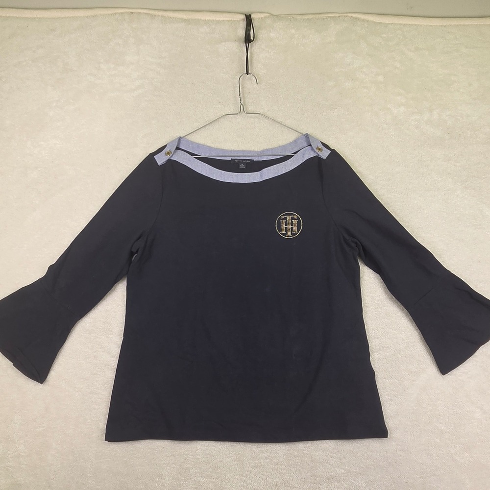 Tommy Hilfiger Navy Blue Boat Neck Studded Logo Bell Sleeve Top XL